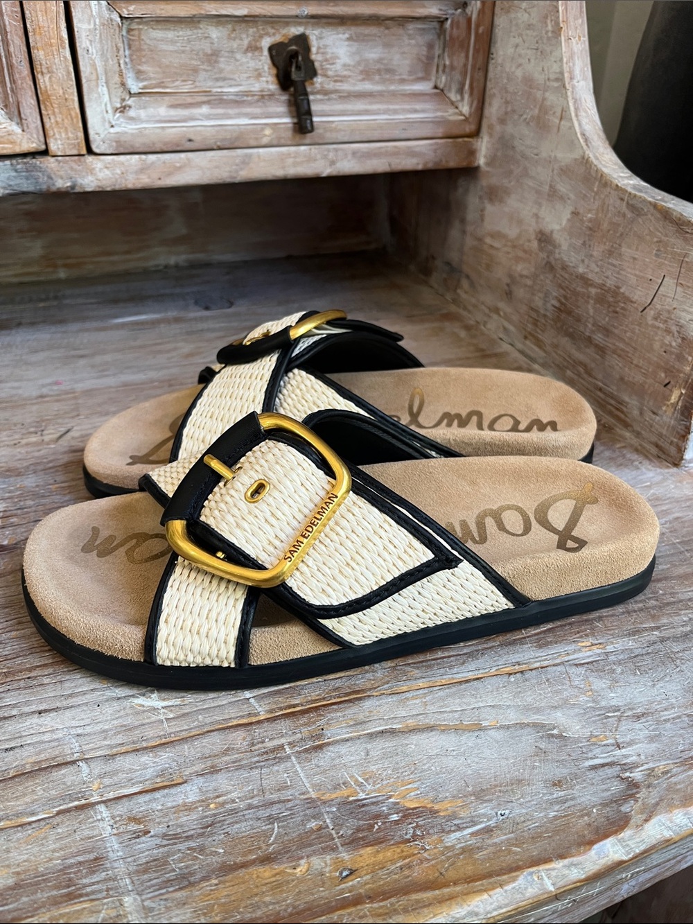 🤍 NWOT Sam Edelman Darla Multi Suede Leather Sandals Slides Size 8 Faux Raffia